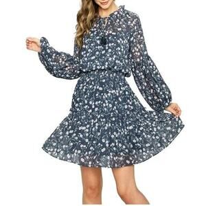 LOVESTITCH NEW $98 Long‎ Sleeve Mock Neck Chiffon Floral Tea Dress Navy Medium
